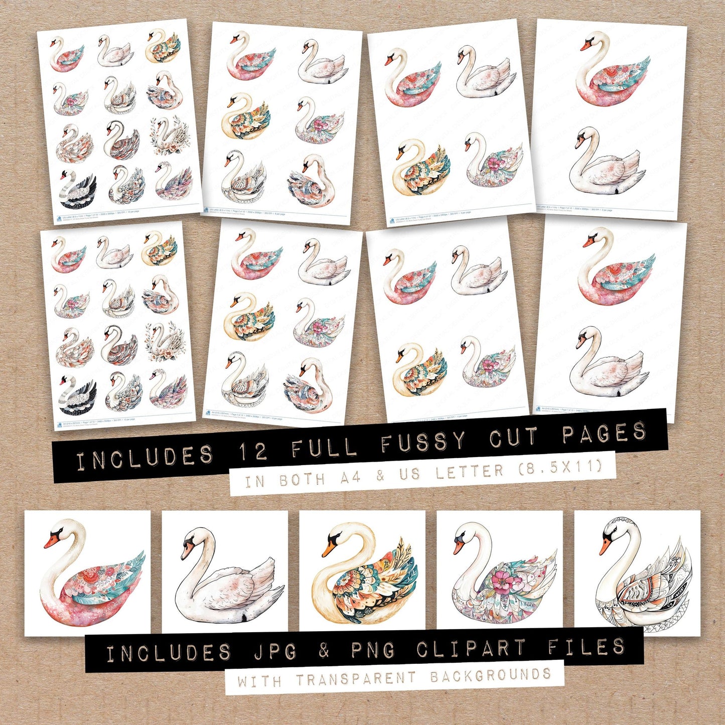 Full collection view of Boho Swan fussy cut sheets with bonus clipart JPG and PNG files