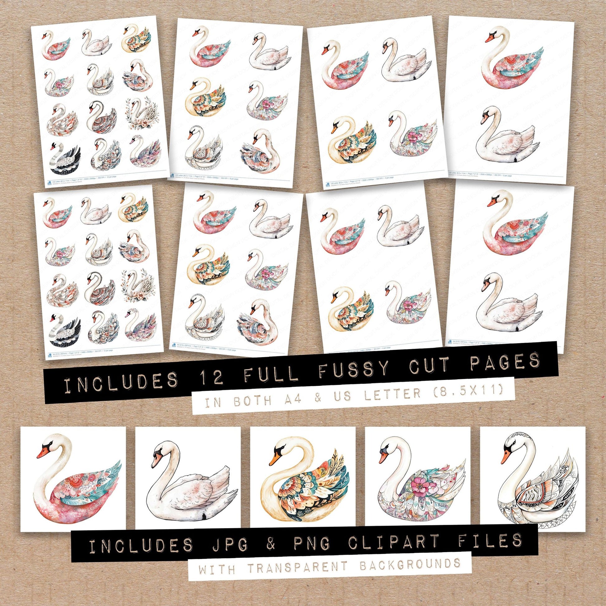 Full collection view of Boho Swan fussy cut sheets with bonus clipart JPG and PNG files