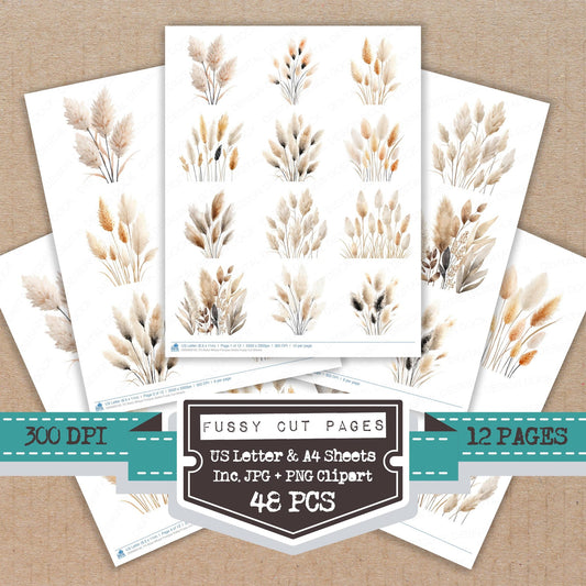 Boho Wheat Pampas Stalks fussy cut printable sheets for junk journaling, scrapbooking, and paper craft projects