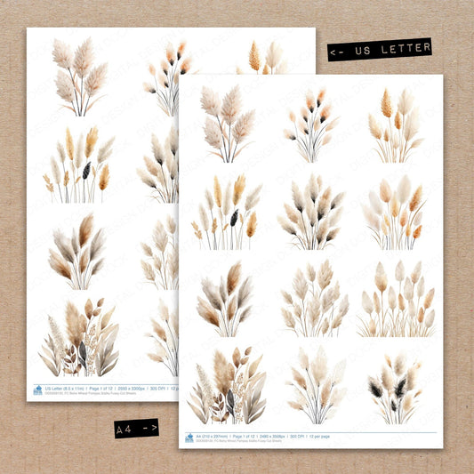 A4 and US Letter format comparison showing Boho Wheat Pampas Stalks fussy cut pages for print and cut crafting
