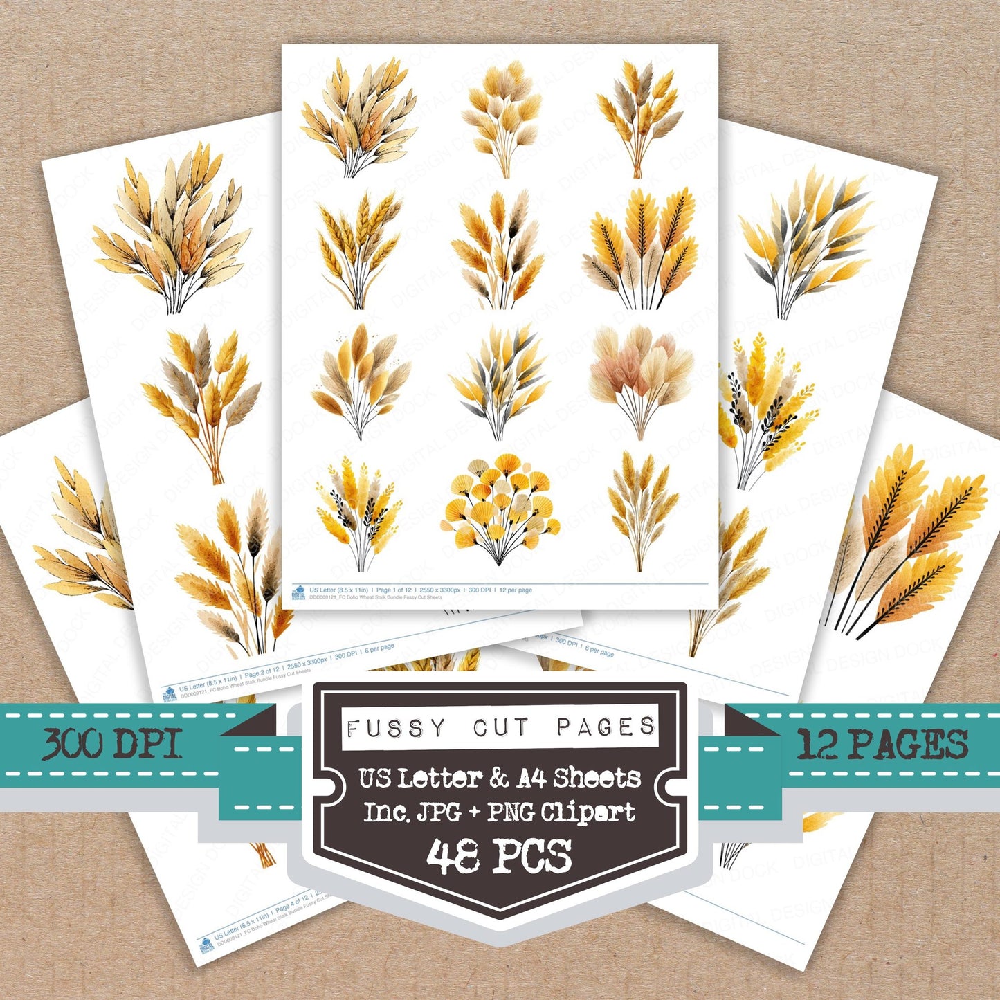 Boho Wheat Stalk fussy cut printable sheets for junk journaling, scrapbooking, and paper craft projects