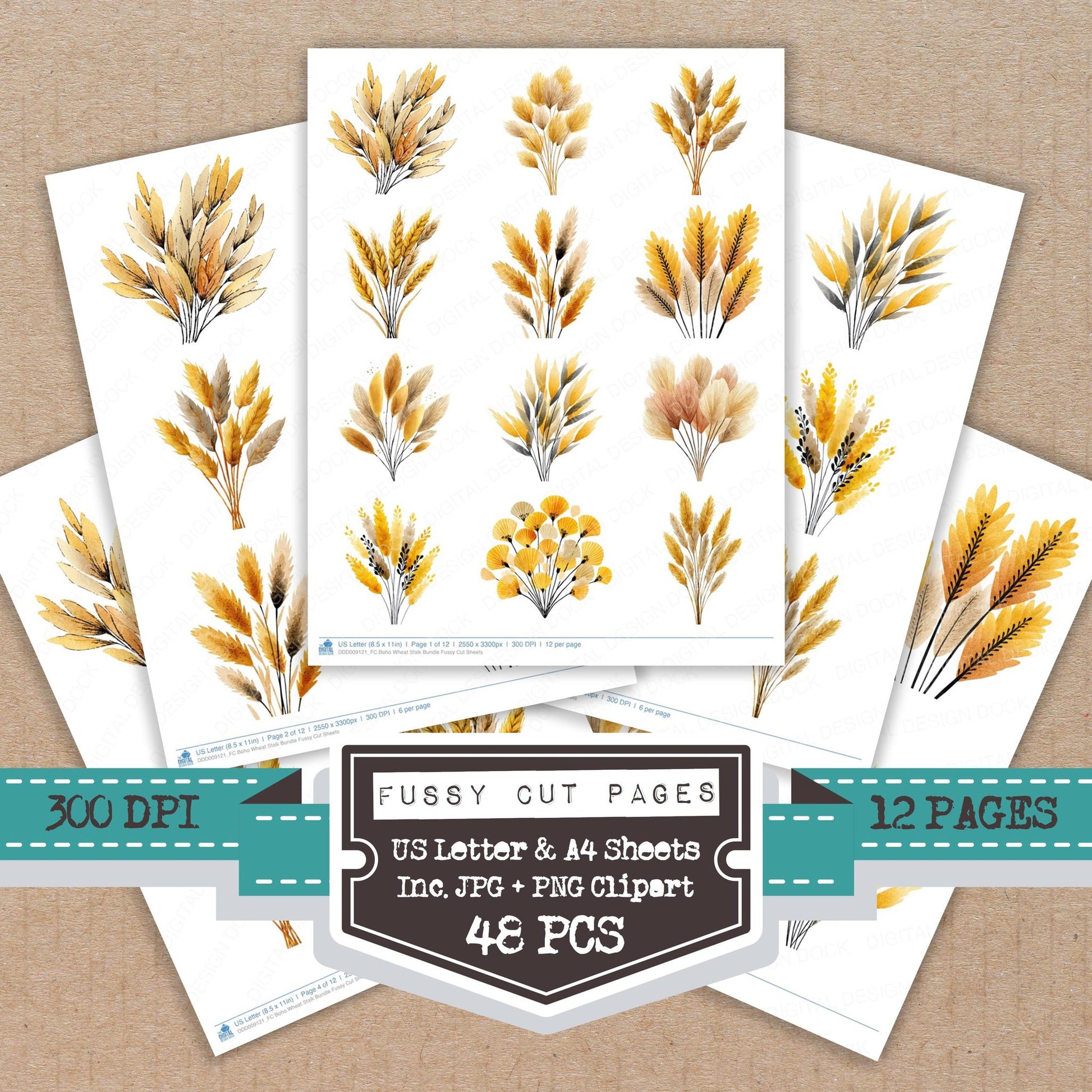 Boho Wheat Stalk fussy cut printable sheets for junk journaling, scrapbooking, and paper craft projects