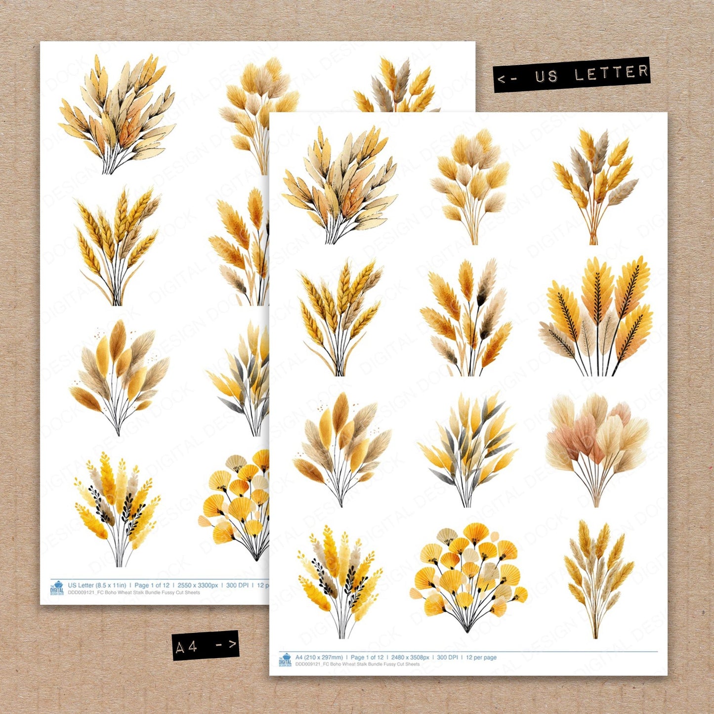 A4 and US Letter format comparison showing Boho Wheat Stalk fussy cut pages for print and cut crafting