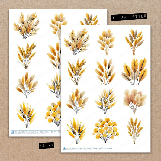 A4 and US Letter format comparison showing Boho Wheat Stalk fussy cut pages for print and cut crafting