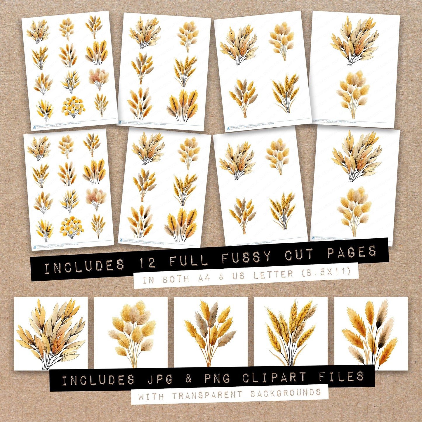 Full collection view of Boho Wheat Stalk fussy cut sheets with bonus clipart JPG and PNG files