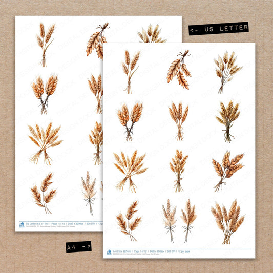 A4 and US Letter format comparison showing Boho Wheat Stalks Tied fussy cut pages for print and cut crafting