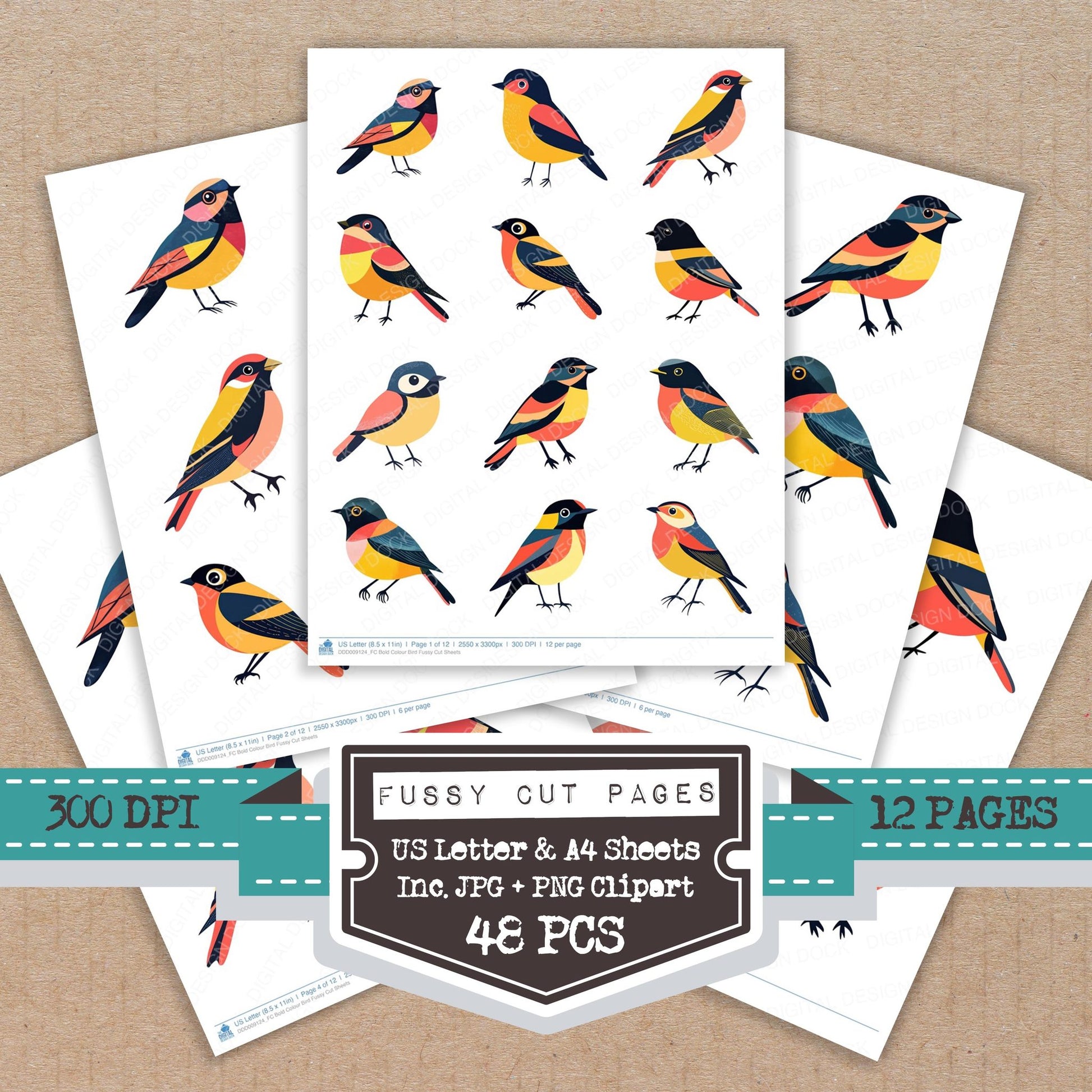 Bold Colour Bird fussy cut printable sheets for junk journaling, scrapbooking, and paper craft projects