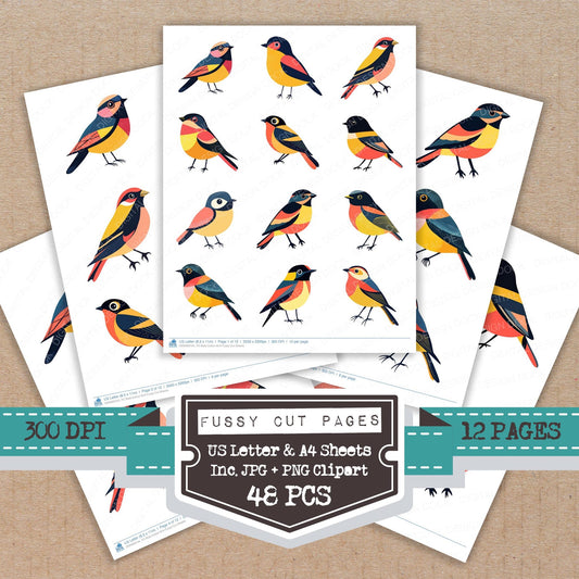 Bold Colour Bird fussy cut printable sheets for junk journaling, scrapbooking, and paper craft projects