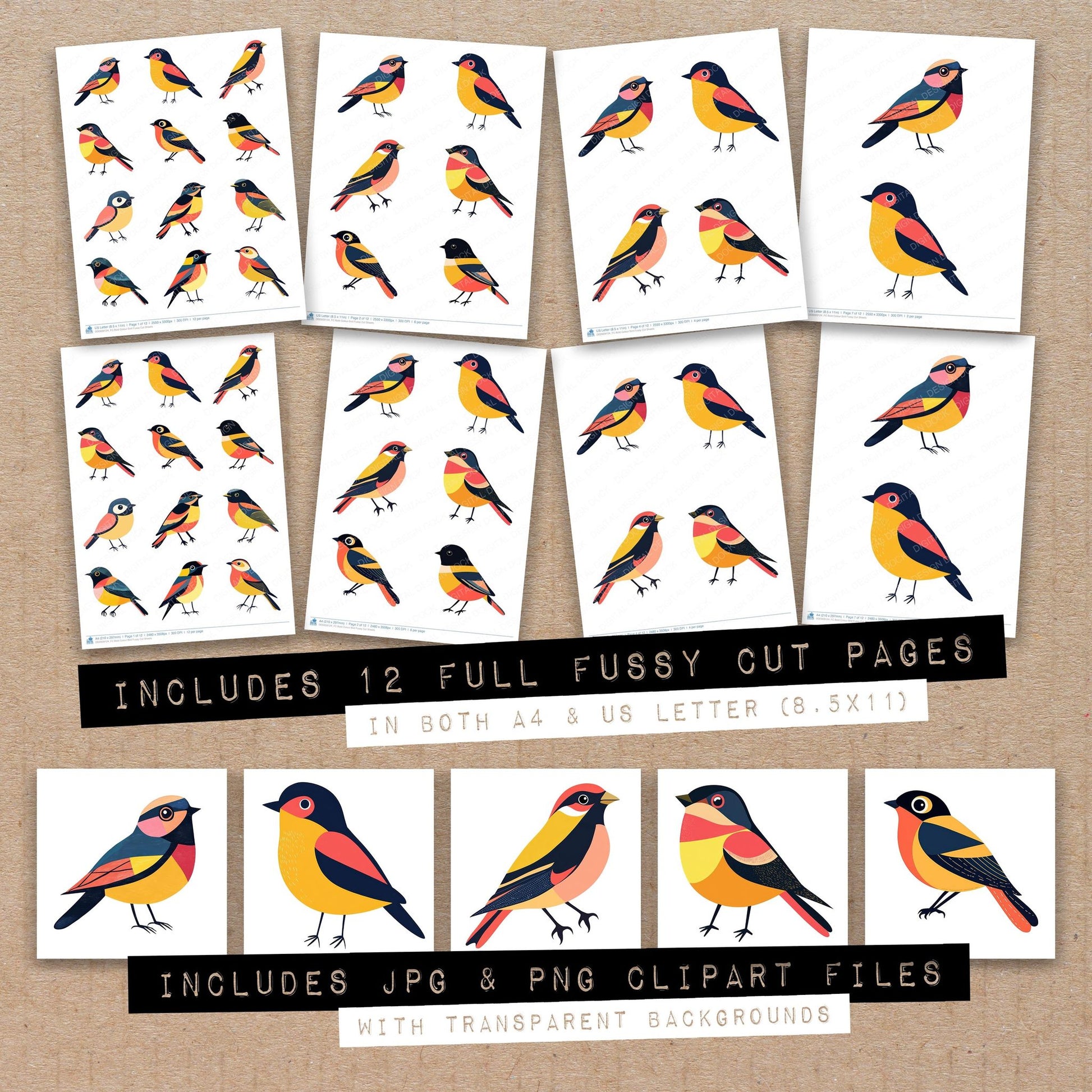 Full collection view of Bold Colour Bird fussy cut sheets with bonus clipart JPG and PNG files