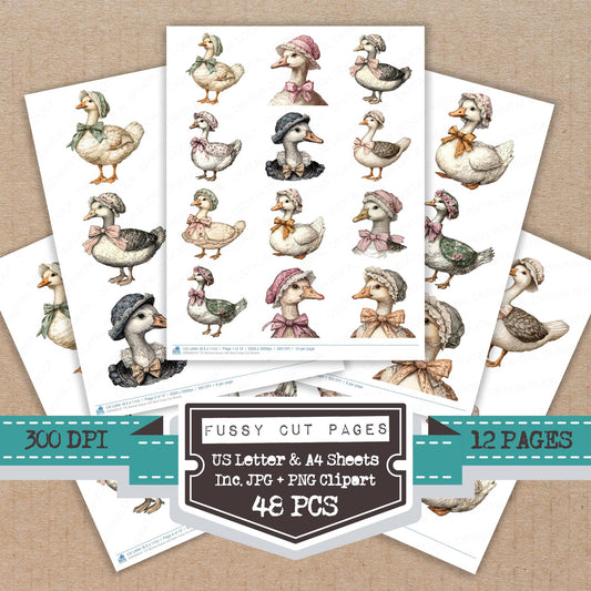 Bonnet Goose with Bow fussy cut printable sheets for junk journaling, scrapbooking, and paper craft projects