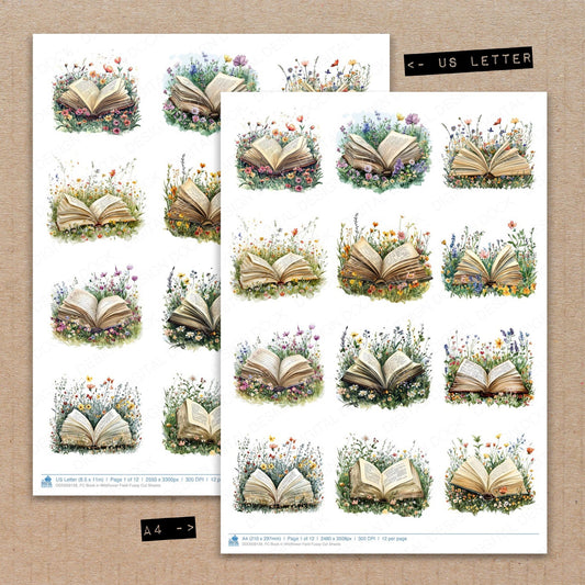 A4 and US Letter format comparison showing Book in Wildflower Field fussy cut pages for print and cut crafting