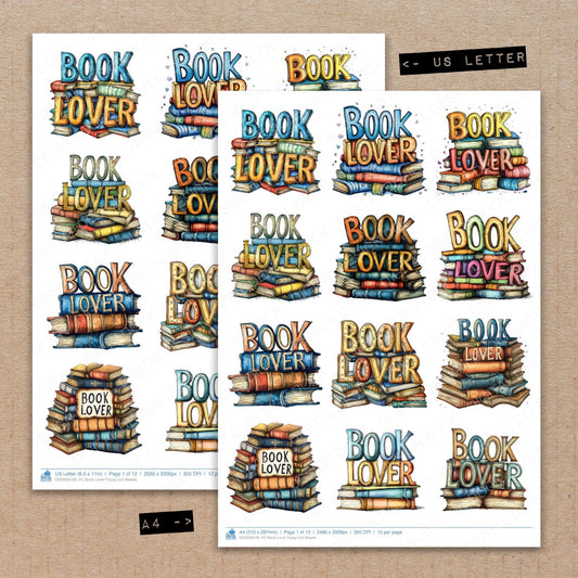 A4 and US Letter format comparison showing Book Lover fussy cut pages for print and cut crafting