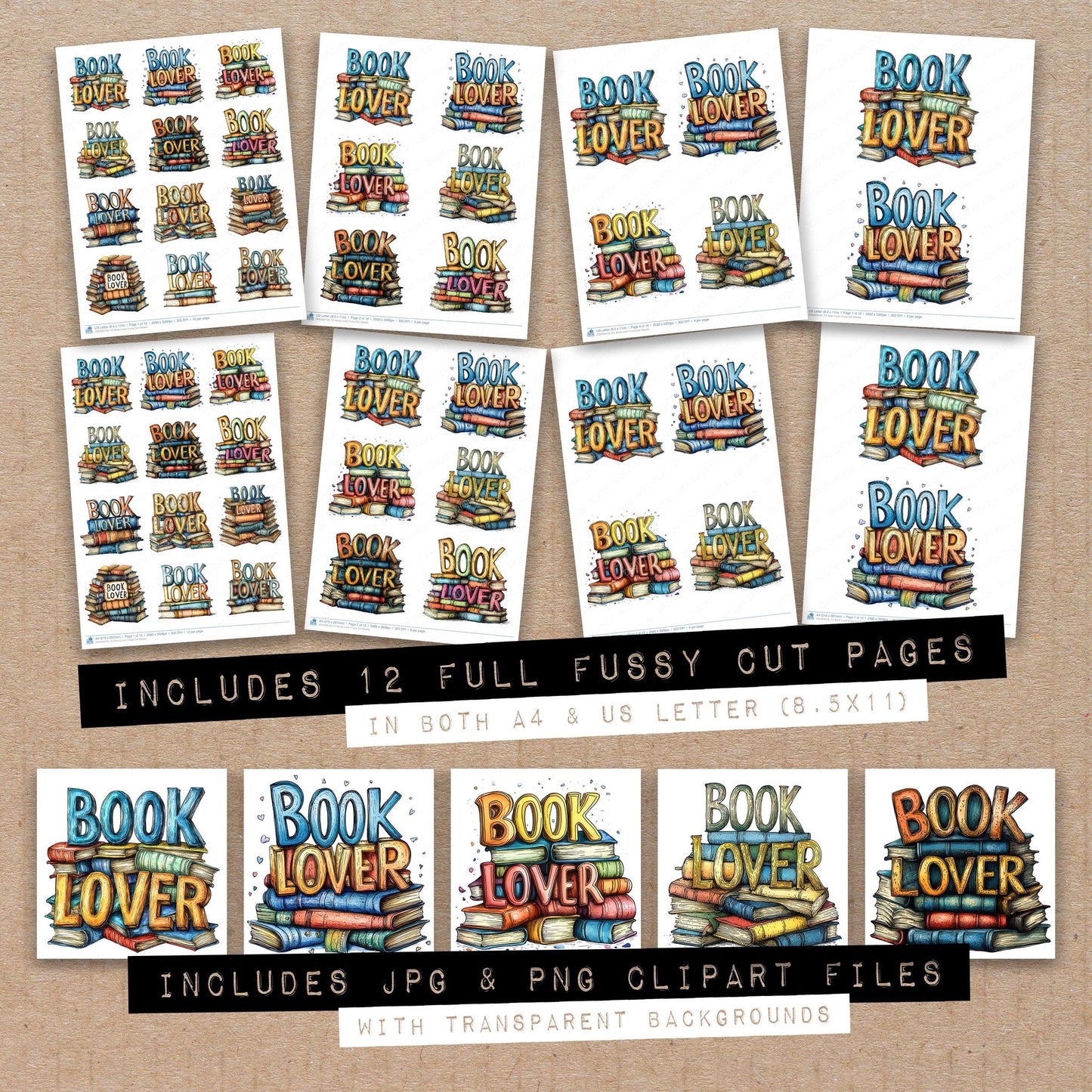 Full collection view of Book Lover fussy cut sheets with bonus clipart JPG and PNG files