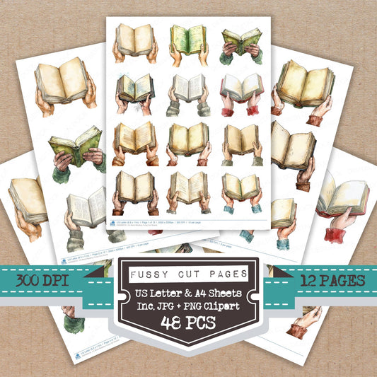 Book Reading fussy cut printable sheets for junk journaling, scrapbooking, and paper craft projects