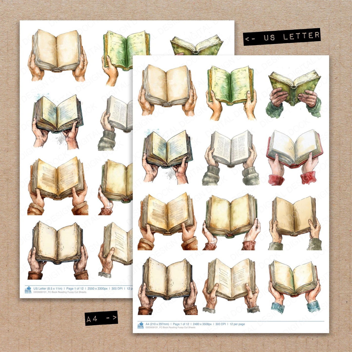 A4 and US Letter format comparison showing Book Reading fussy cut pages for print and cut crafting