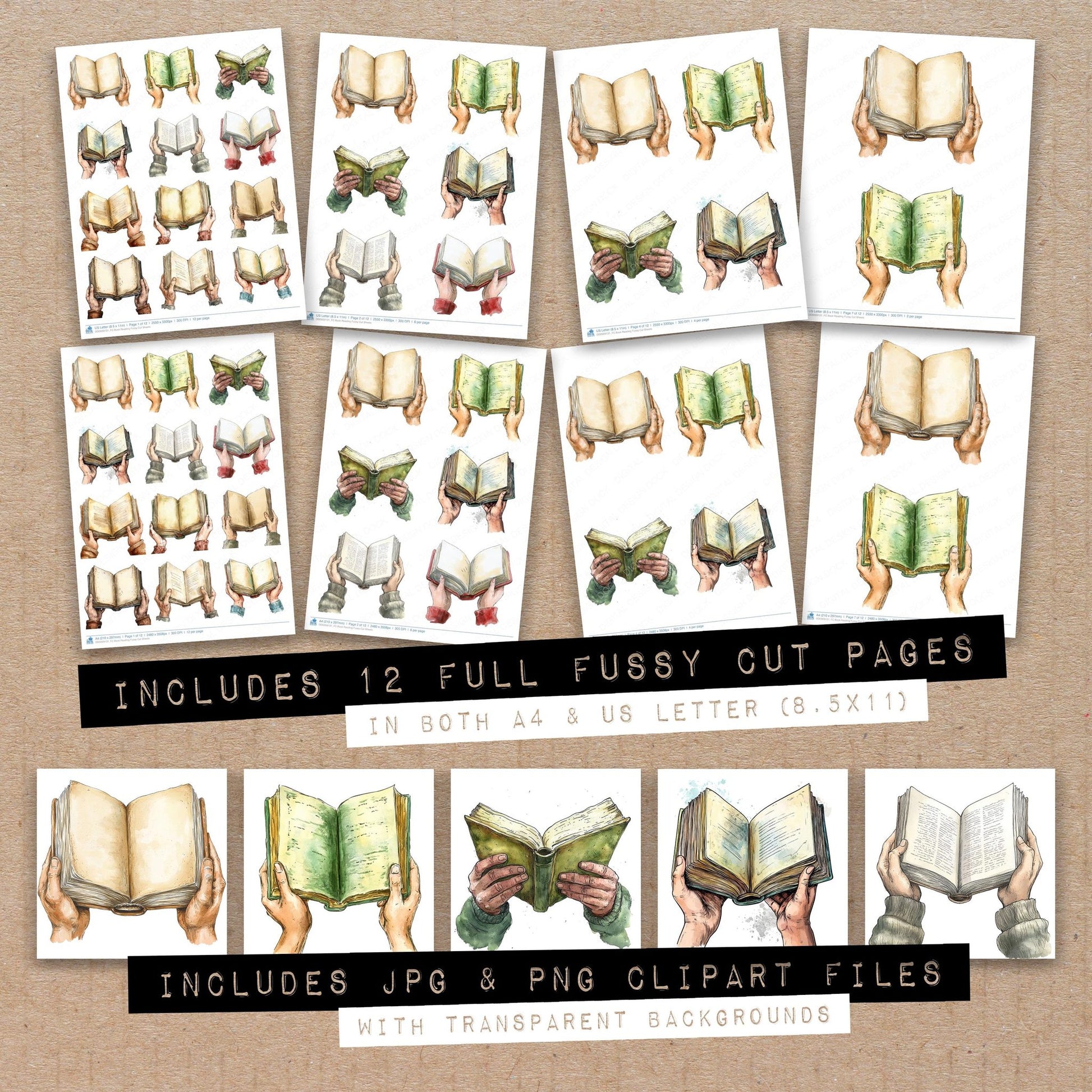 Full collection view of Book Reading fussy cut sheets with bonus clipart JPG and PNG files