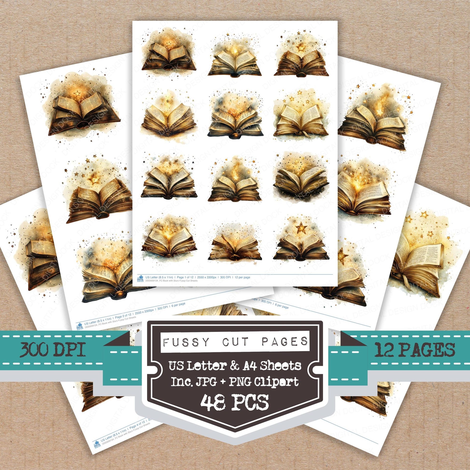 Book with Stars fussy cut printable sheets for junk journaling, scrapbooking, and paper craft projects