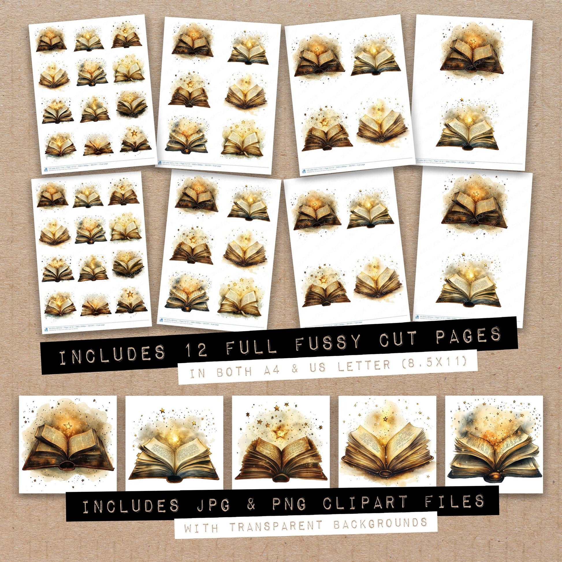 Full collection view of Book with Stars fussy cut sheets with bonus clipart JPG and PNG files