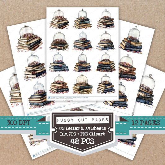 Books Under Glass Cloche fussy cut printable sheets for junk journaling, scrapbooking, and paper craft projects