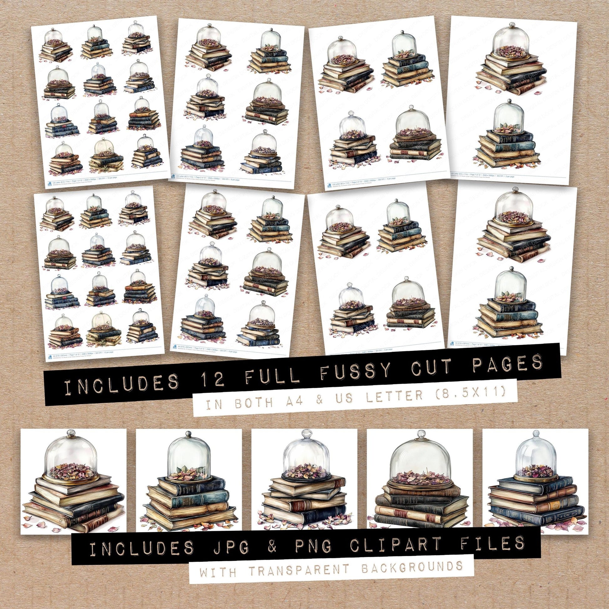 Full collection view of Books Under Glass Cloche fussy cut sheets with bonus clipart JPG and PNG files