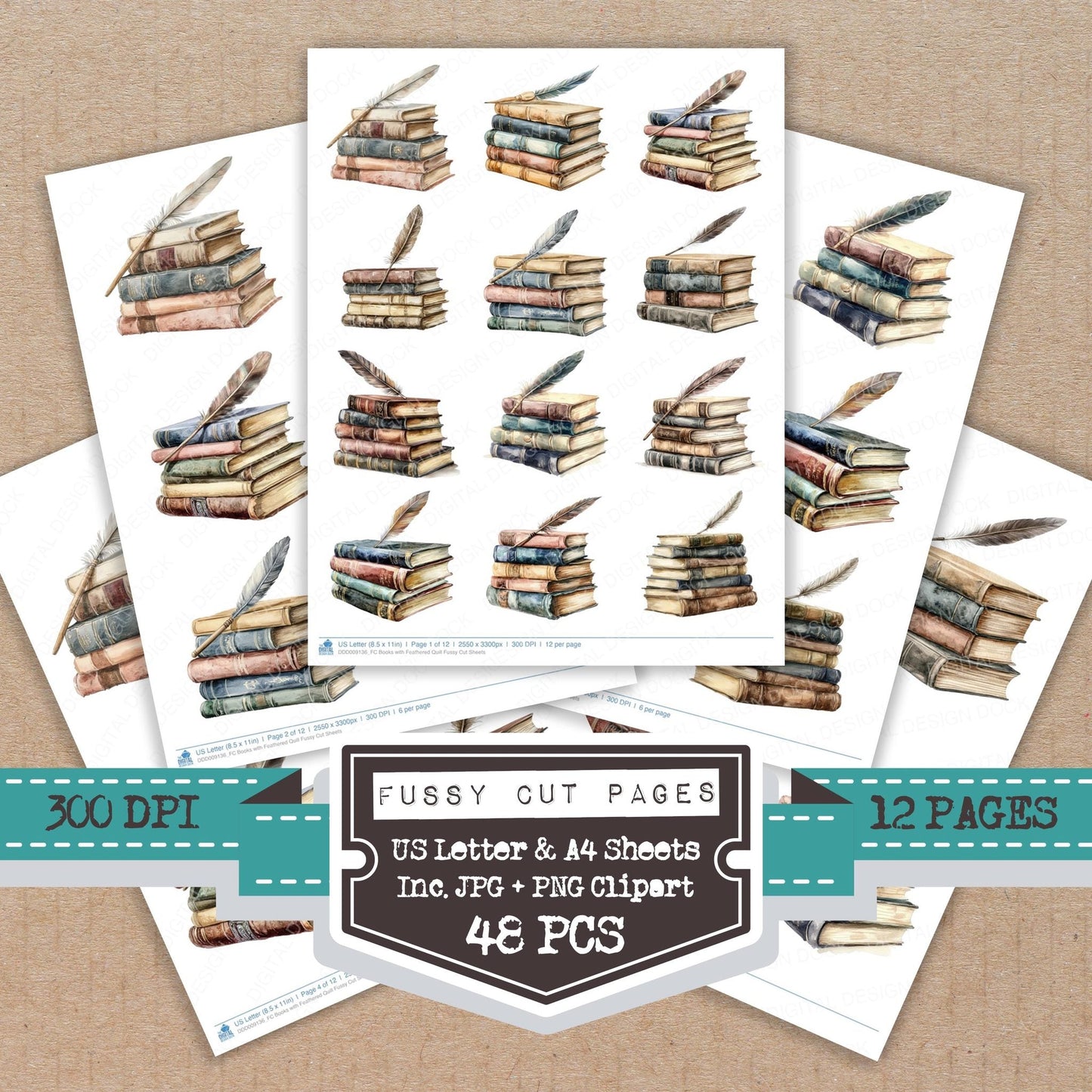 Books with Feathered Quill Fussy Cut Sheets (DDD009136)