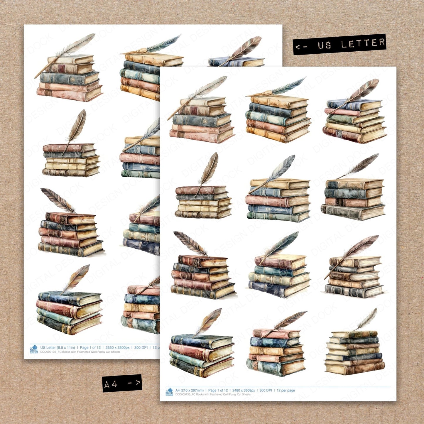 Books with Feathered Quill Fussy Cut Sheets (DDD009136)
