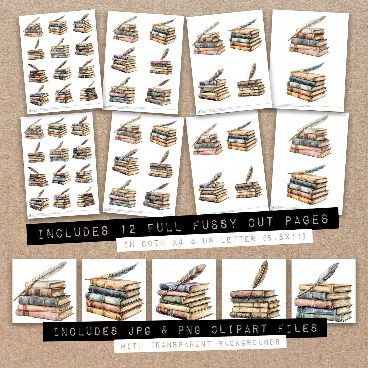 Books with Feathered Quill Fussy Cut Sheets (DDD009136)
