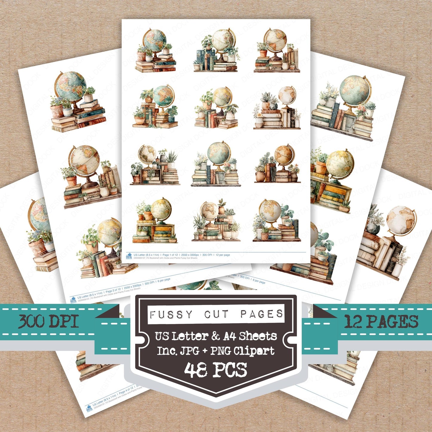 Bookshelf with Globe and Plants fussy cut printable sheets for junk journaling, scrapbooking, and paper craft projects
