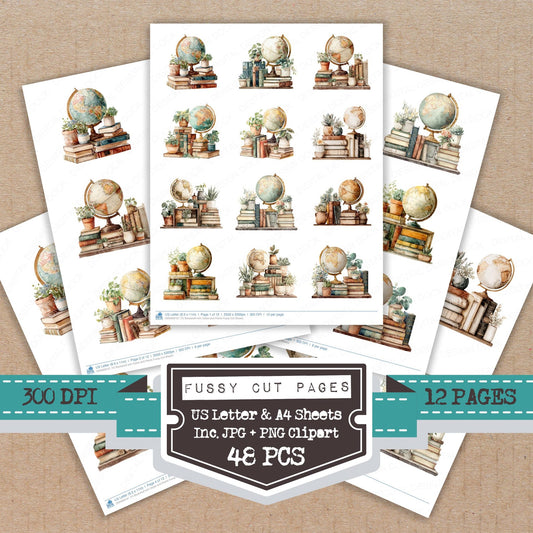 Bookshelf with Globe and Plants fussy cut printable sheets for junk journaling, scrapbooking, and paper craft projects