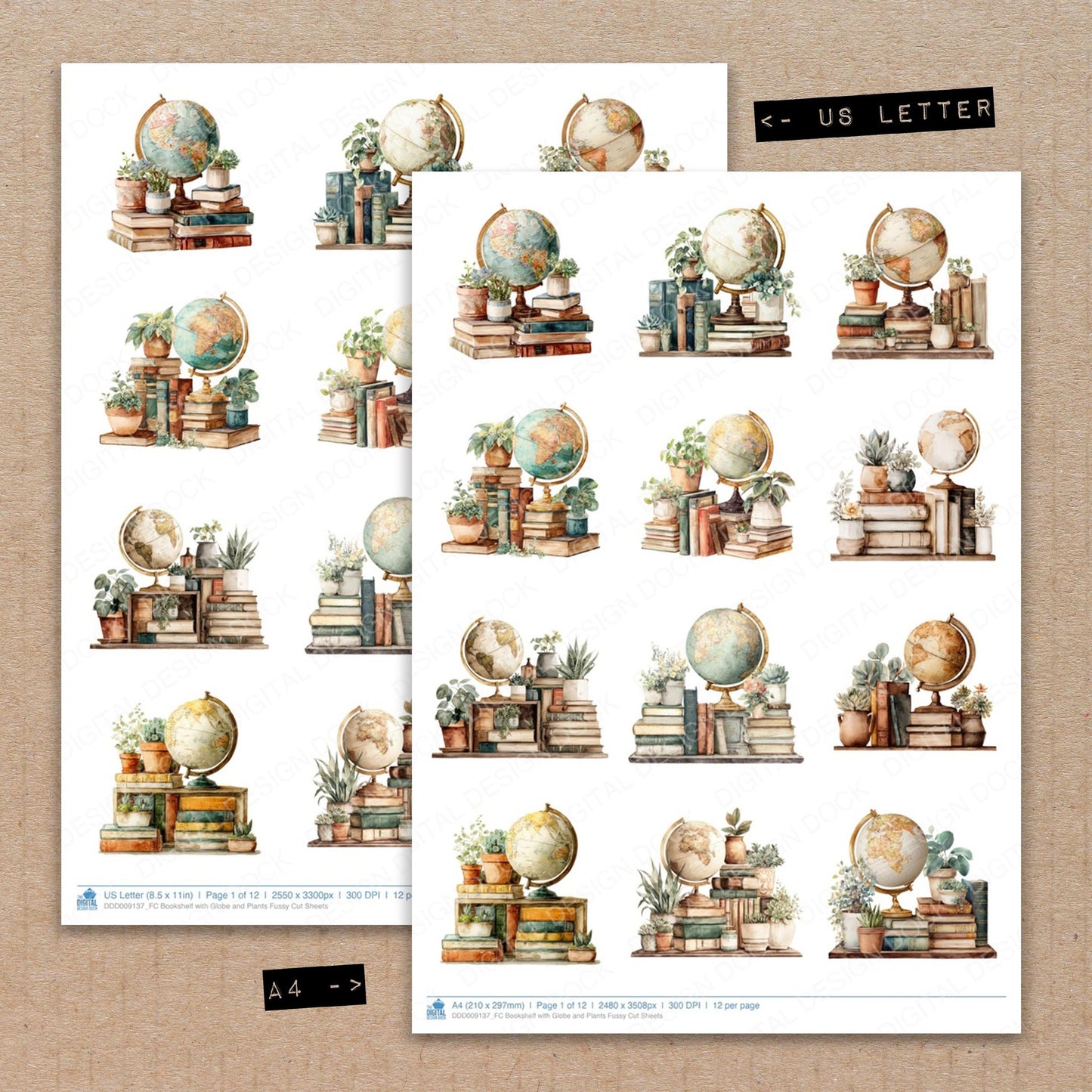 A4 and US Letter format comparison showing Bookshelf with Globe and Plants fussy cut pages for print and cut crafting
