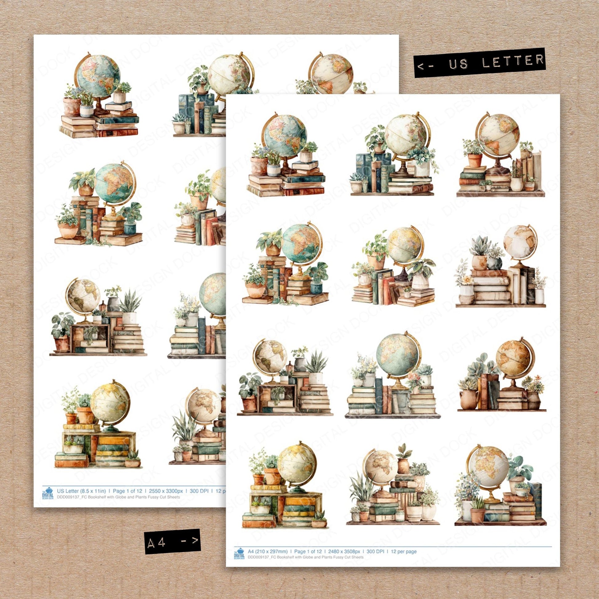 A4 and US Letter format comparison showing Bookshelf with Globe and Plants fussy cut pages for print and cut crafting