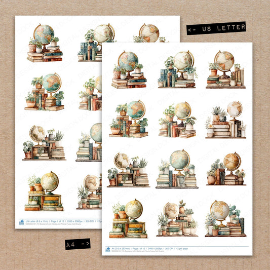 A4 and US Letter format comparison showing Bookshelf with Globe and Plants fussy cut pages for print and cut crafting