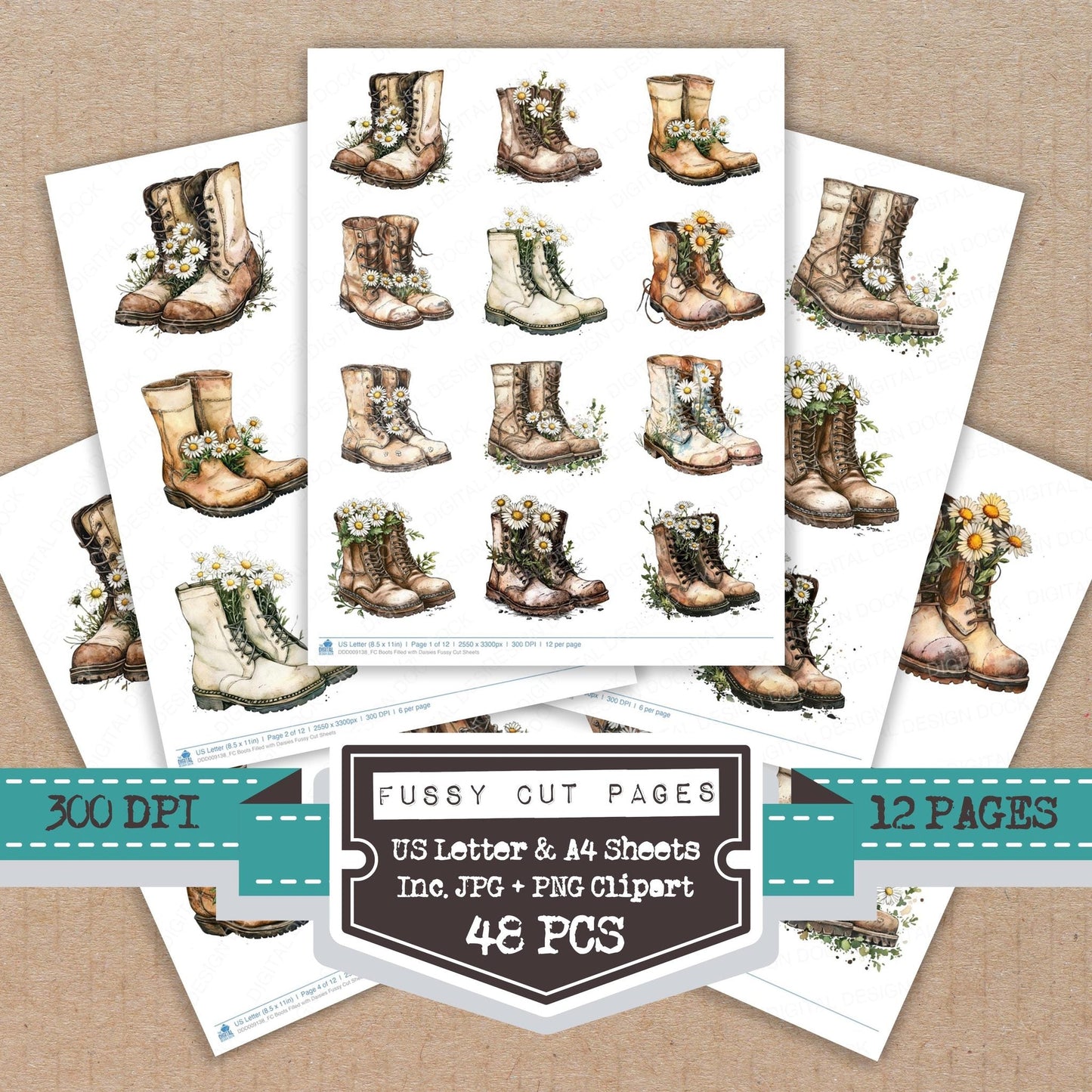 Boots Filled with Daisies Fussy Cut Sheets (DDD009138)