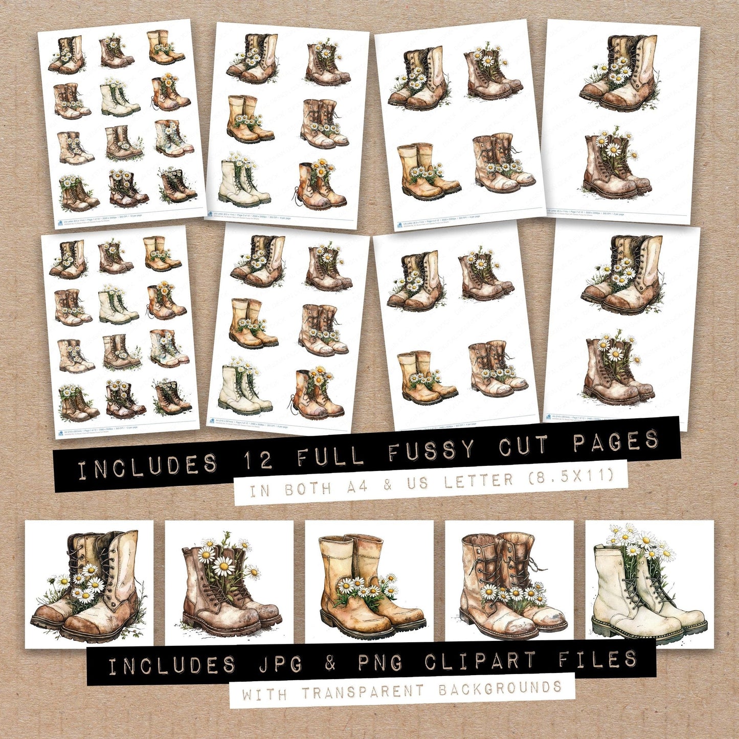 Boots Filled with Daisies Fussy Cut Sheets (DDD009138)