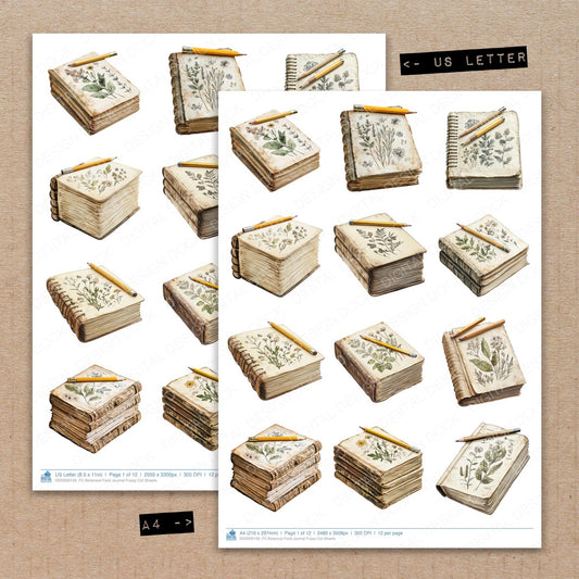 A4 and US Letter format comparison showing Botanical Field Journal fussy cut pages for print and cut crafting