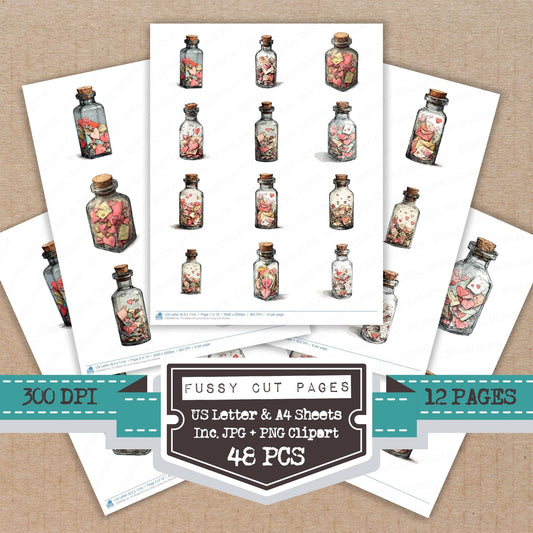 Bottle Of Love Notes fussy cut printable sheets for junk journaling, scrapbooking, and paper craft projects