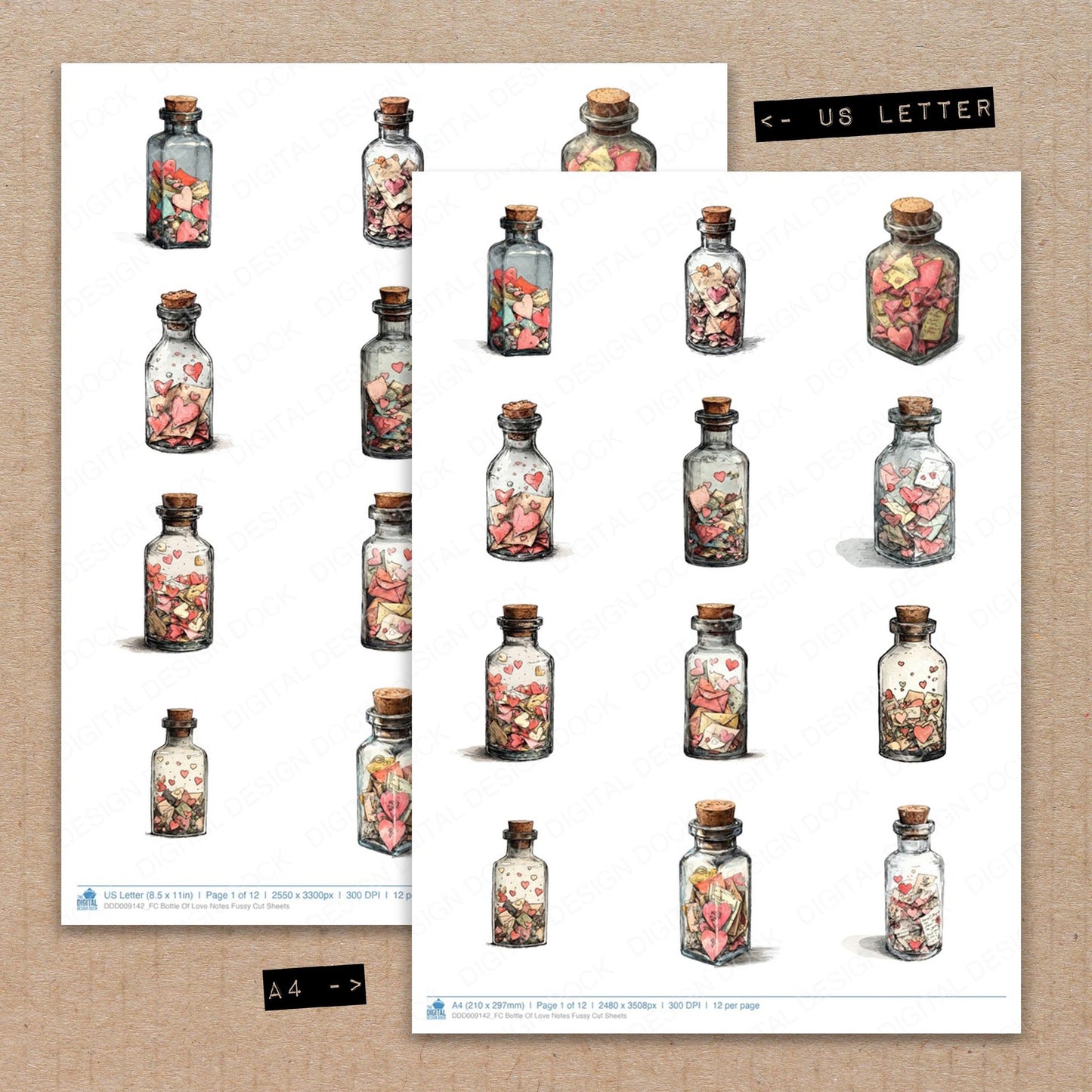 A4 and US Letter format comparison showing Bottle Of Love Notes fussy cut pages for print and cut crafting