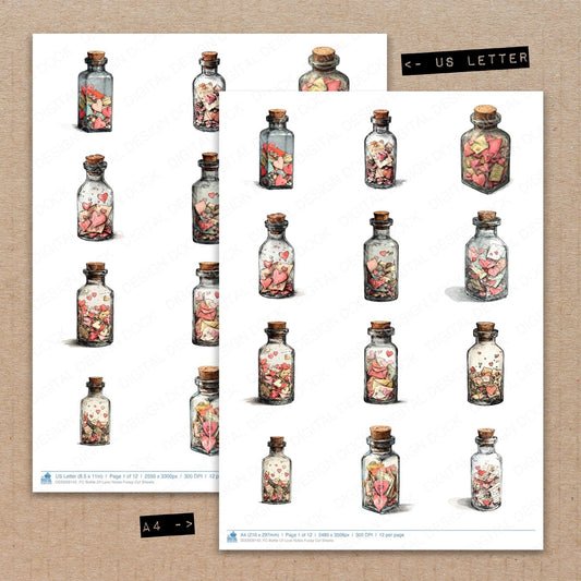 A4 and US Letter format comparison showing Bottle Of Love Notes fussy cut pages for print and cut crafting