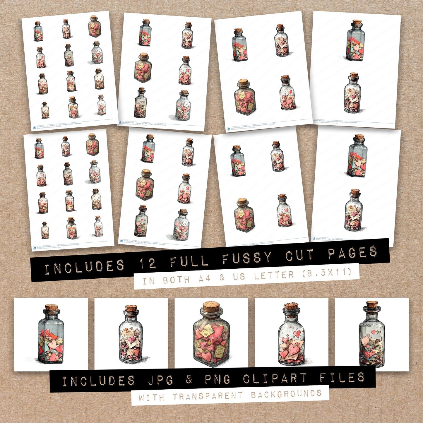 Full collection view of Bottle Of Love Notes fussy cut sheets with bonus clipart JPG and PNG files
