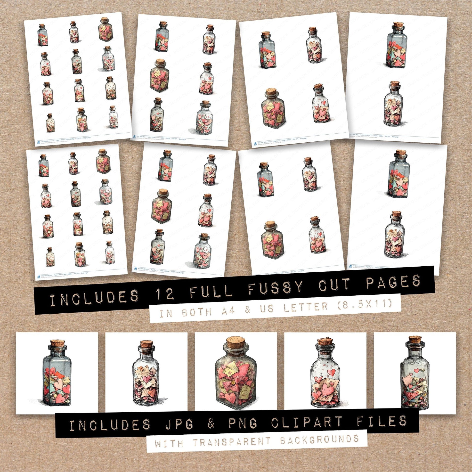 Full collection view of Bottle Of Love Notes fussy cut sheets with bonus clipart JPG and PNG files