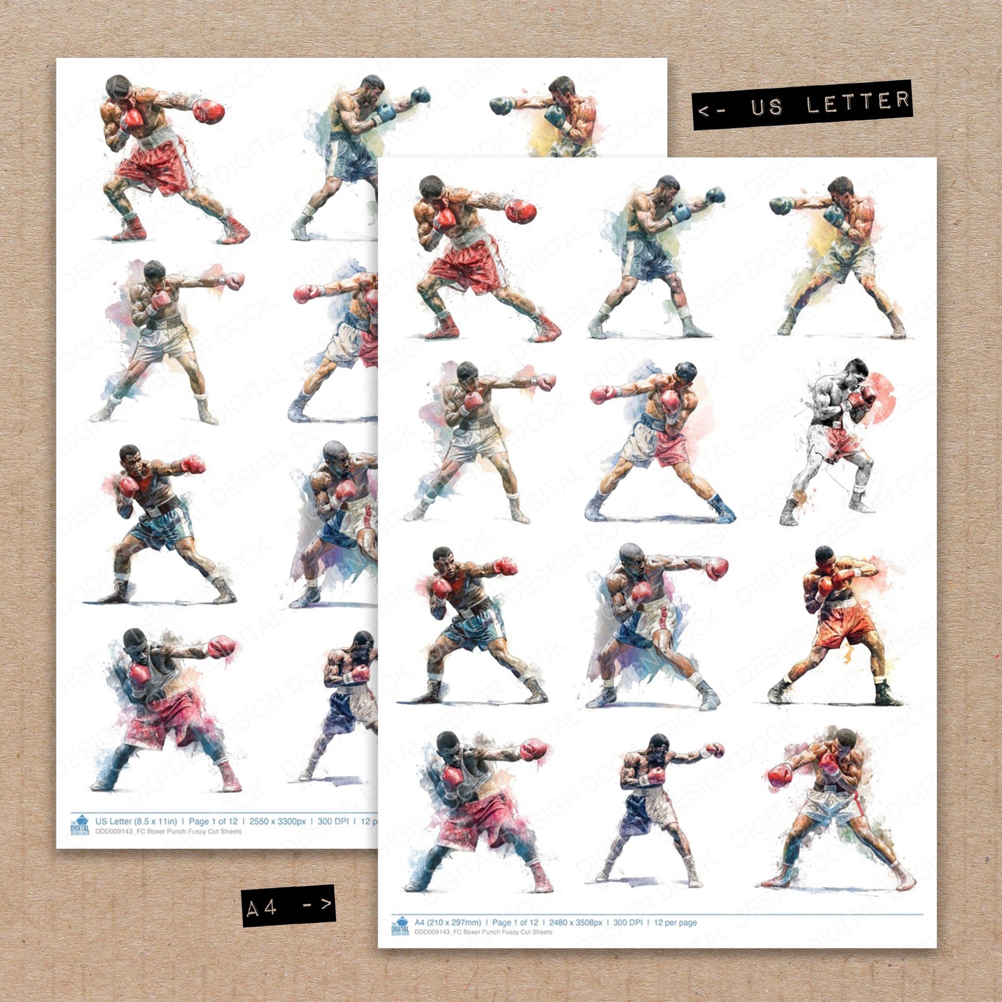 A4 and US Letter format comparison showing Boxer Punch fussy cut pages for print and cut crafting