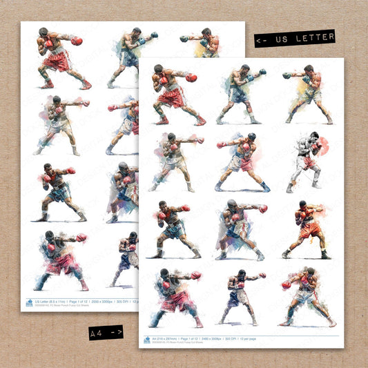 A4 and US Letter format comparison showing Boxer Punch fussy cut pages for print and cut crafting