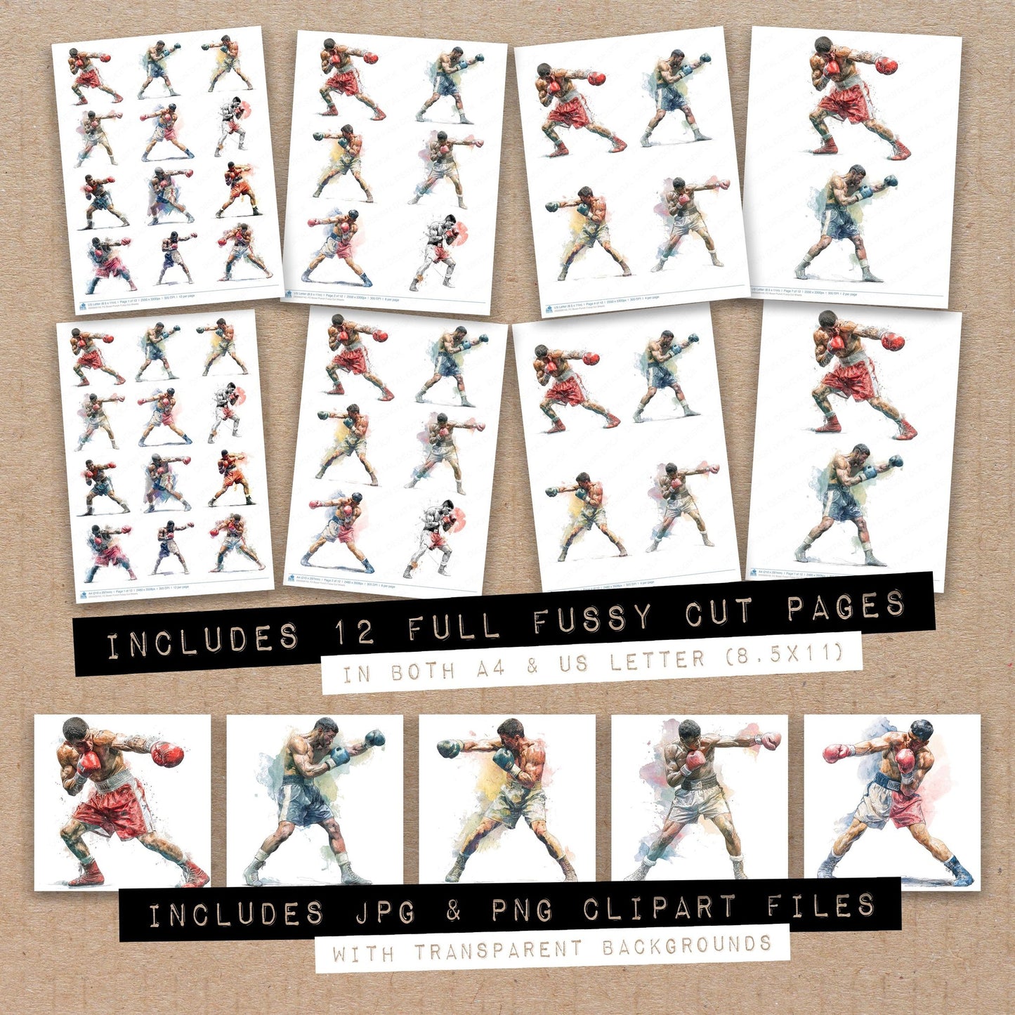 Full collection view of Boxer Punch fussy cut sheets with bonus clipart JPG and PNG files