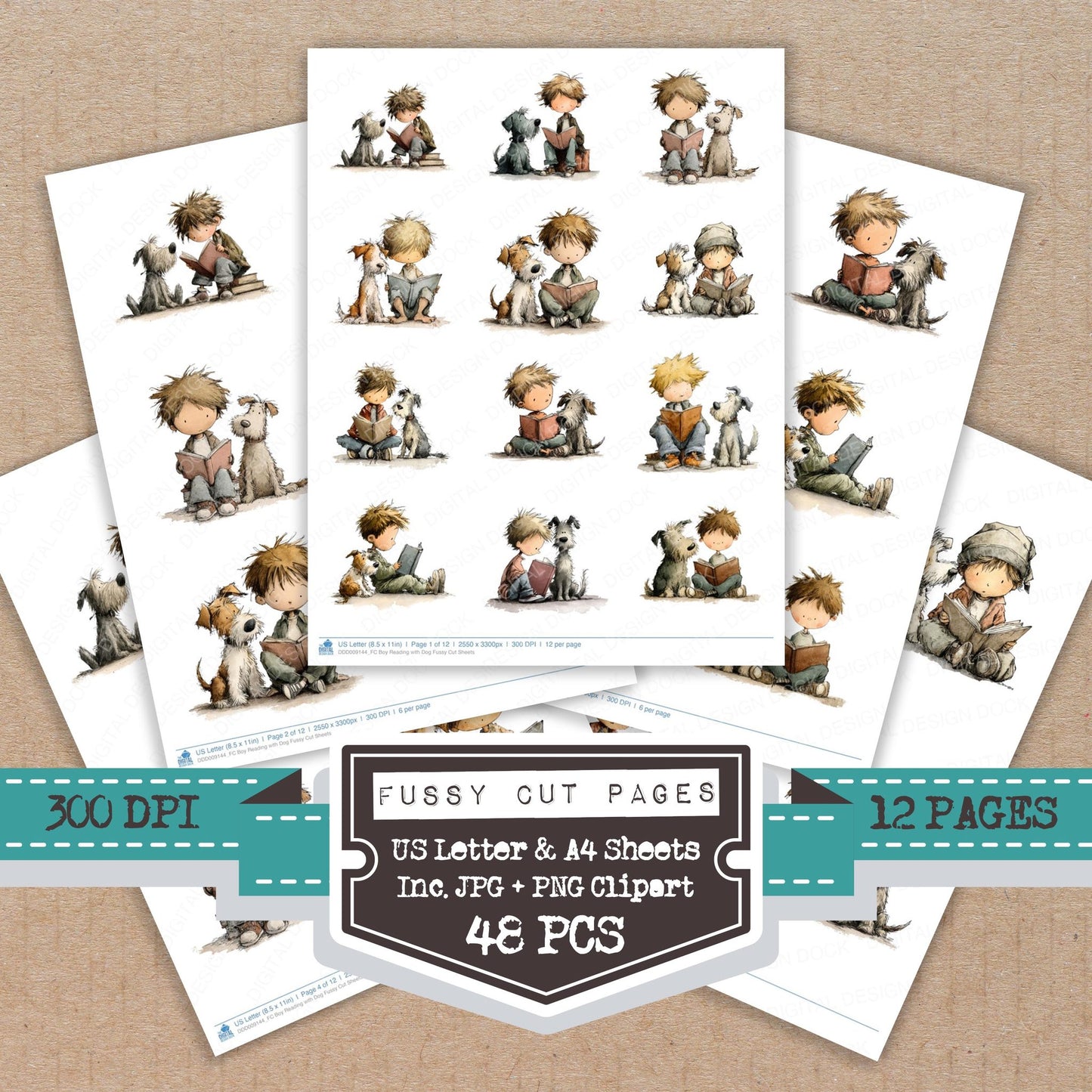 Boy Reading with Dog fussy cut printable sheets for junk journaling, scrapbooking, and paper craft projects
