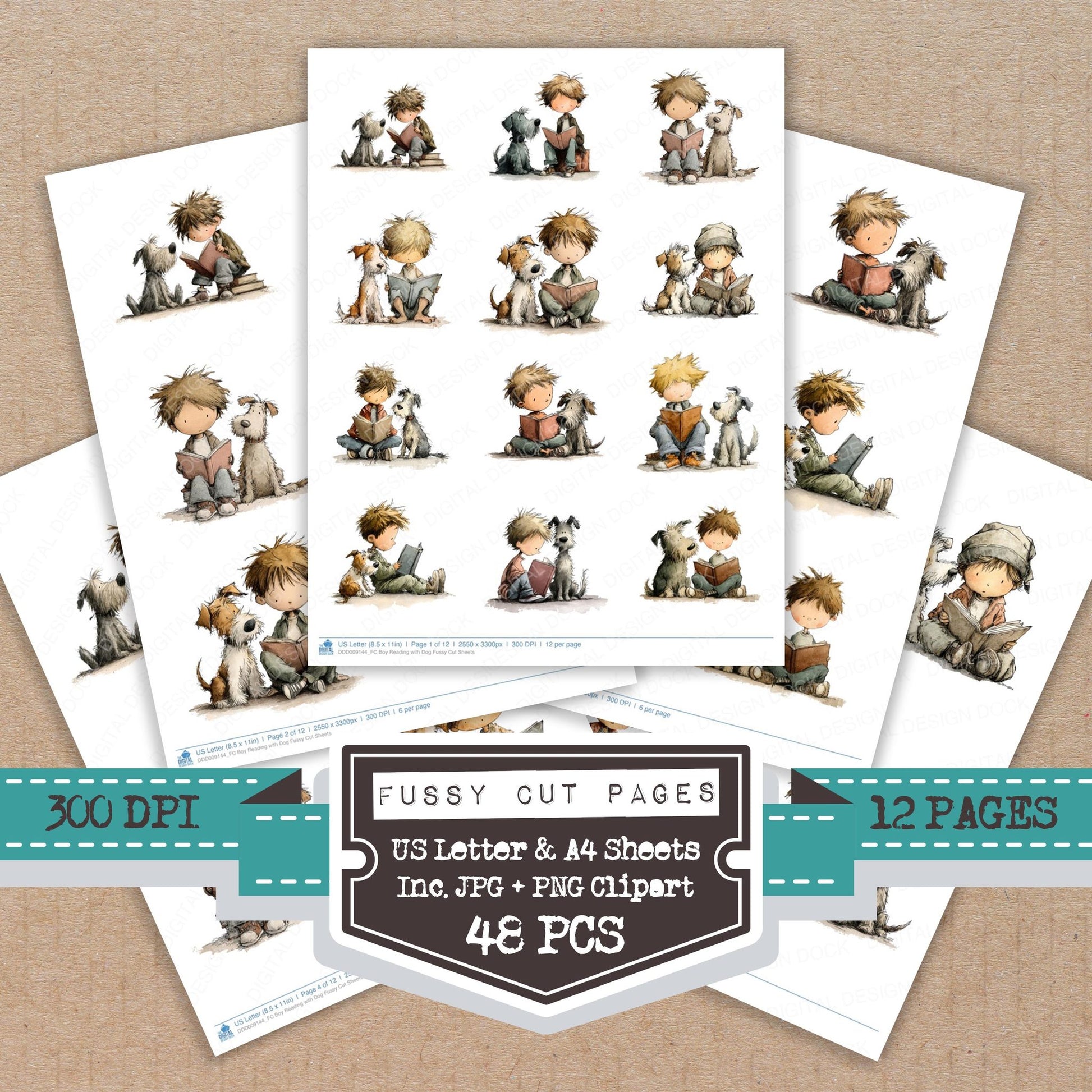 Boy Reading with Dog fussy cut printable sheets for junk journaling, scrapbooking, and paper craft projects
