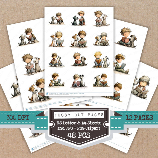 Boy Reading with Dog fussy cut printable sheets for junk journaling, scrapbooking, and paper craft projects
