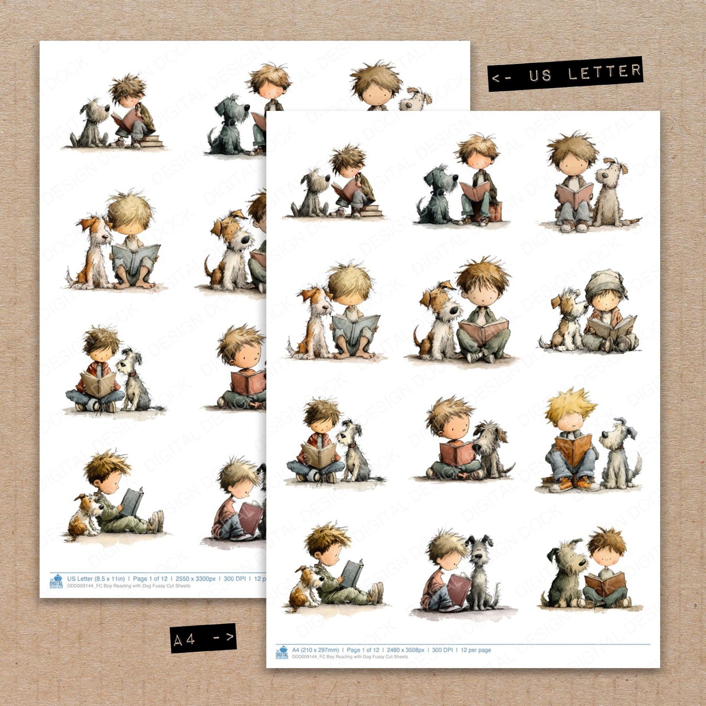 A4 and US Letter format comparison showing Boy Reading with Dog fussy cut pages for print and cut crafting