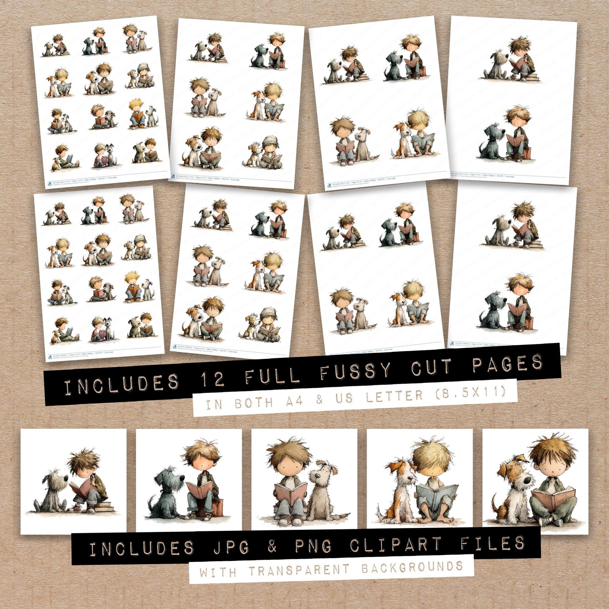 Full collection view of Boy Reading with Dog fussy cut sheets with bonus clipart JPG and PNG files