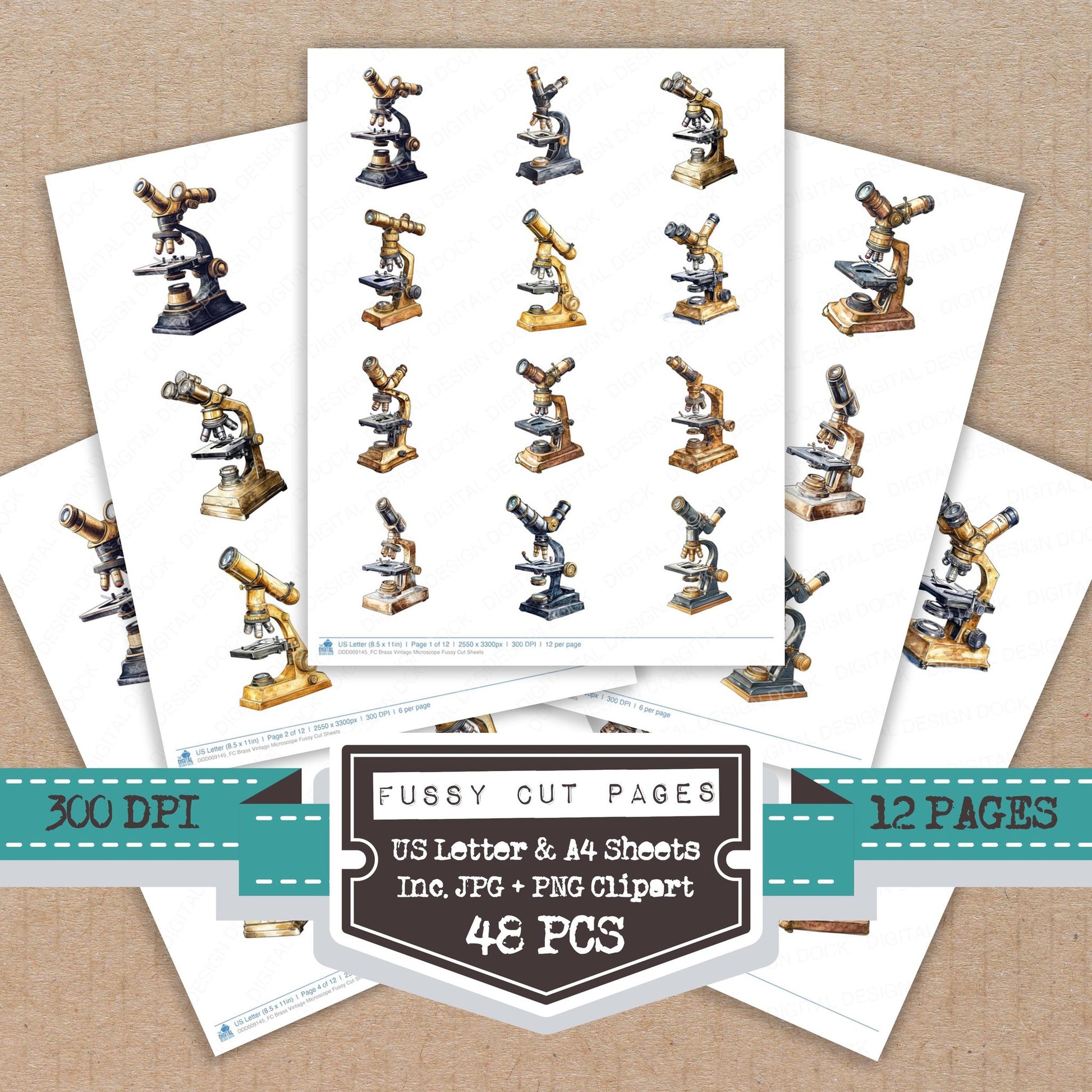 Brass Vintage Microscope fussy cut printable sheets for junk journaling, scrapbooking, and paper craft projects