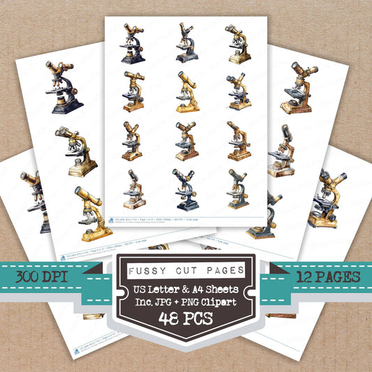 Brass Vintage Microscope fussy cut printable sheets for junk journaling, scrapbooking, and paper craft projects